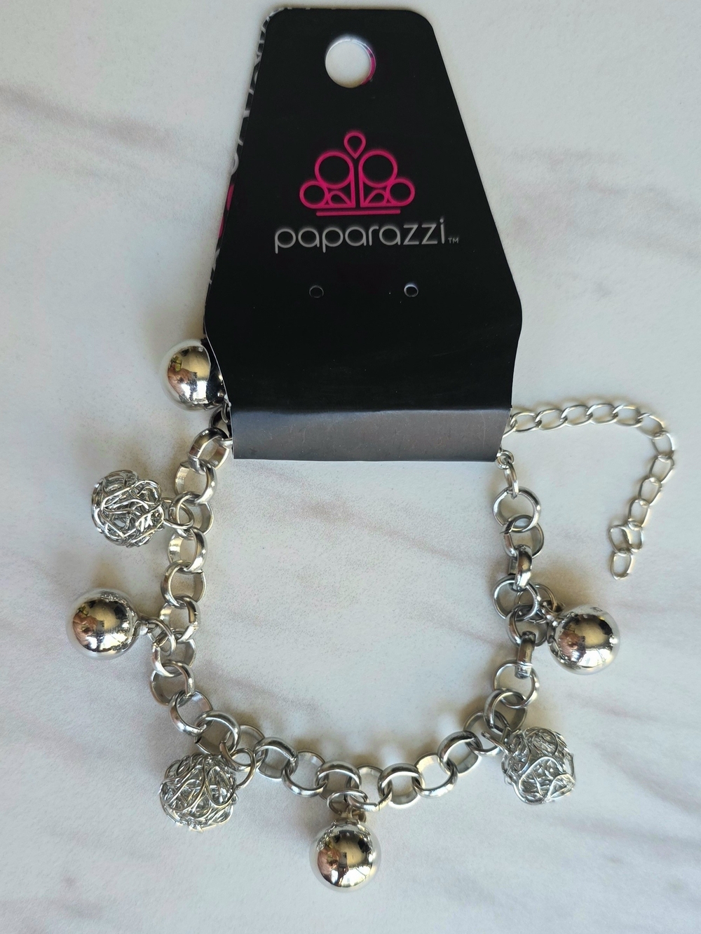 Paparazzi Silver Charm Bracelet with Filigree and Ball Accents 8"